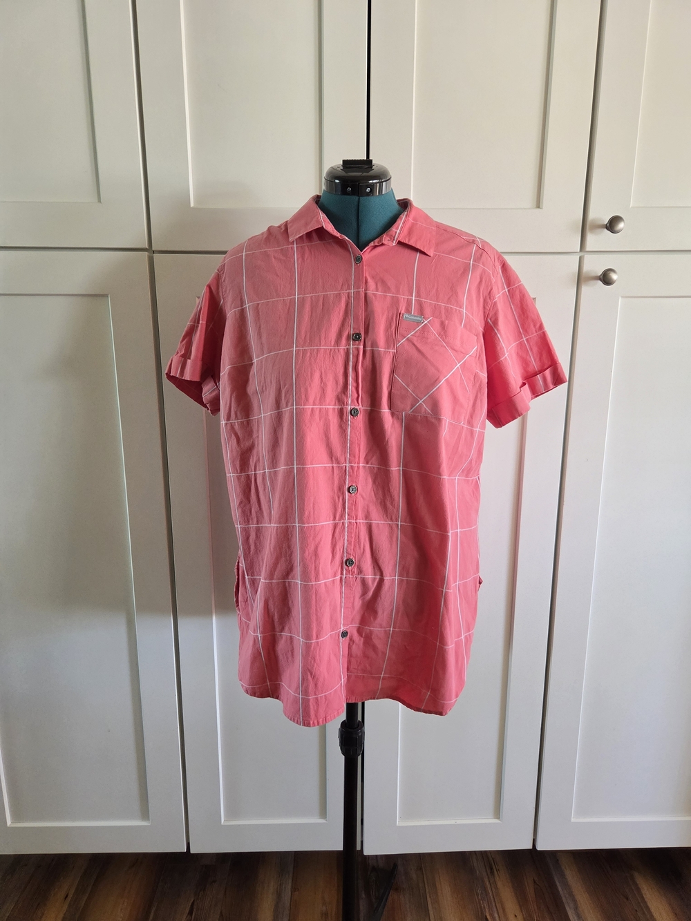Columbia Pink Short-Sleeve Button-Down Windowpane Shirt